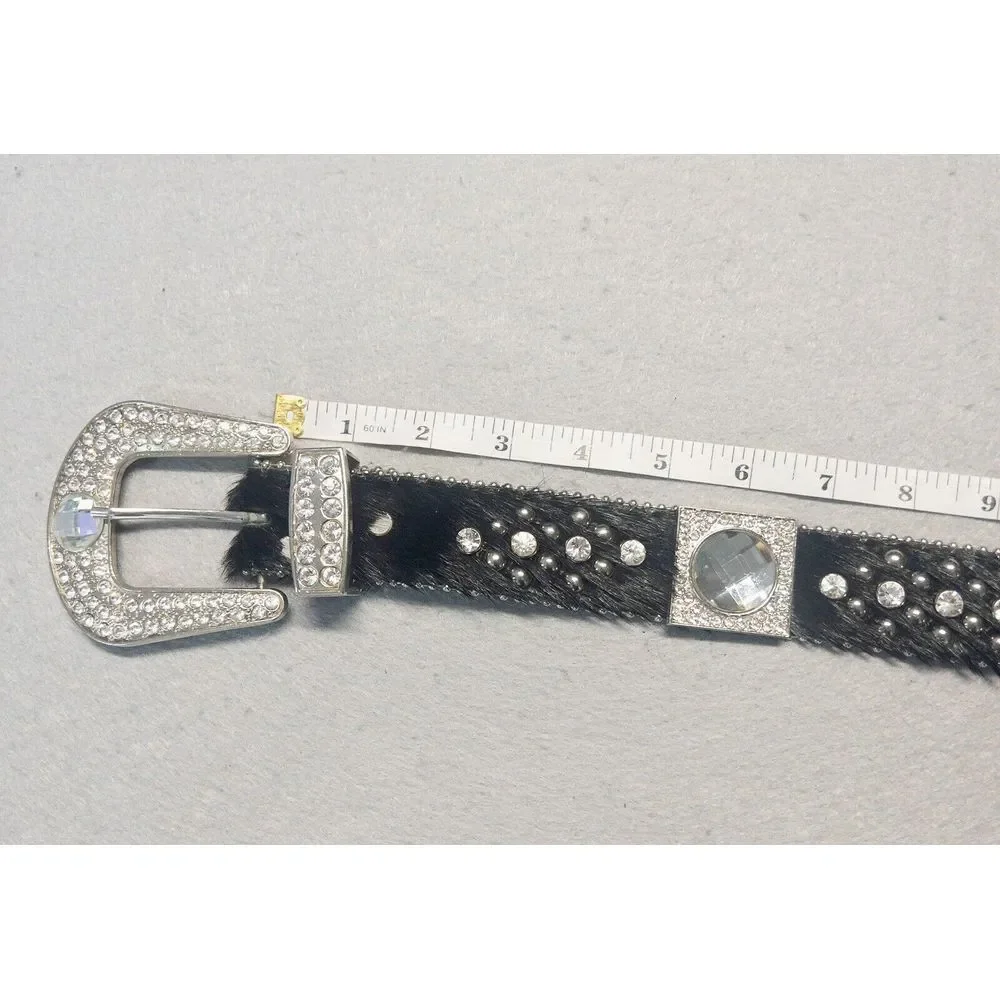 Western Leather Bling Belt Large Crystals Faux Horse Hair Womens Small Medium‎